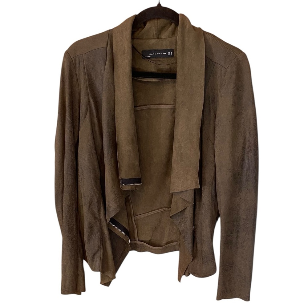 Zara Woman Olive Faux Suede Moto Jacket XL Zip Front Lightweight Layer